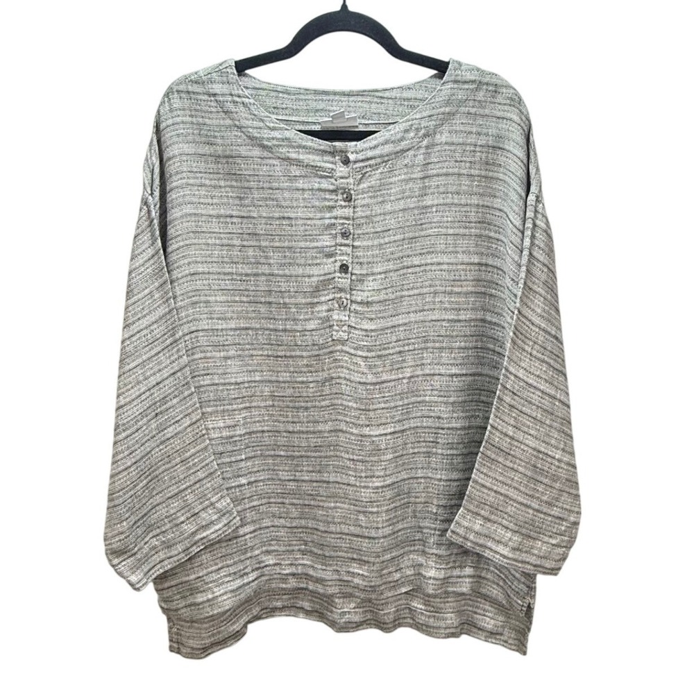 J. Jill Pure Jill Linen Top M Grey Stripe Henly Boxy Pockets Blouse Lagenlook
